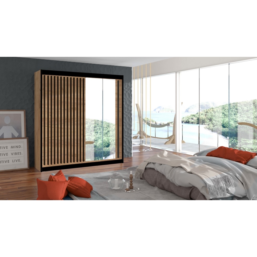Garderobes skapis ar spoguli SANTINO 203x215 cm ozols craft/melna