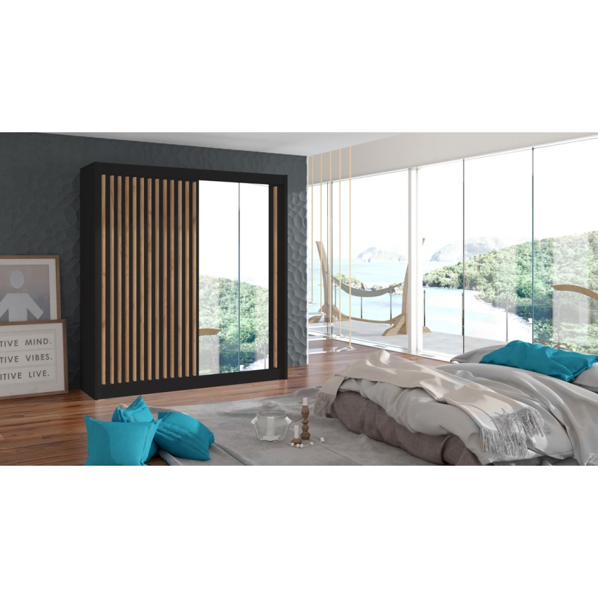Garderobes skapis ar spoguli SANTINO 203x215x61 cm melns/craft ozols