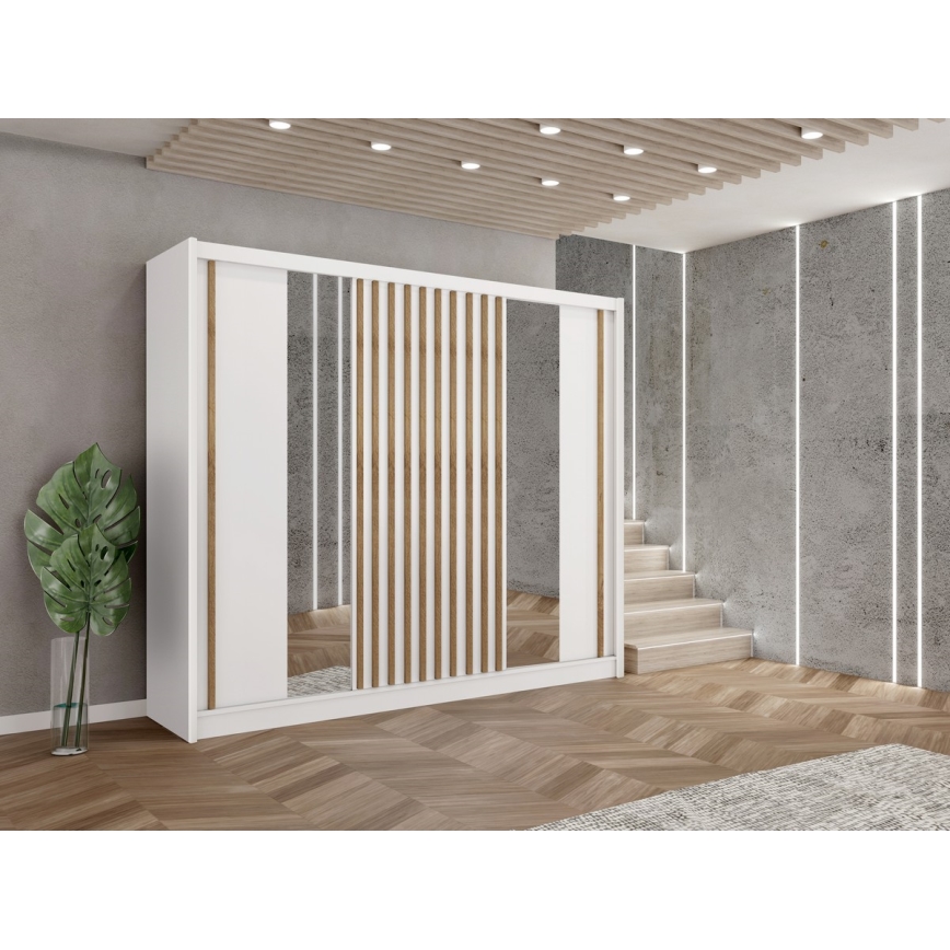 Garderobes skapis ar spoguli SANTINO 250x215 cm balta/ozols craft