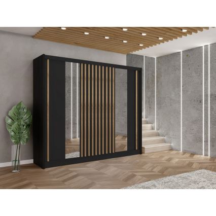 Garderobes skapis ar spoguli SANTINO 250x215 cm melna/ozols craft
