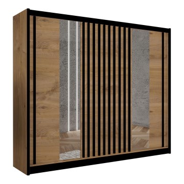 Garderobes skapis ar spoguli SANTINO 250x215 cm ozols craft/melna
