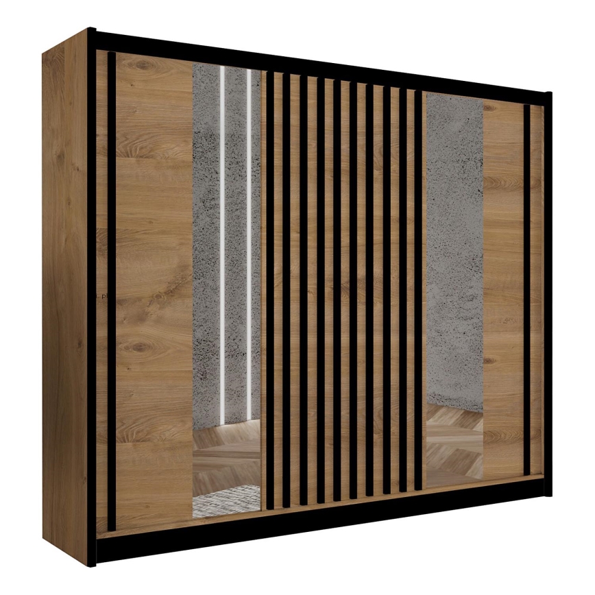Garderobes skapis ar spoguli SANTINO 250x215 cm ozols craft/melna
