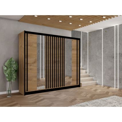 Garderobes skapis ar spoguli SANTINO 250x215 cm ozols craft/melna