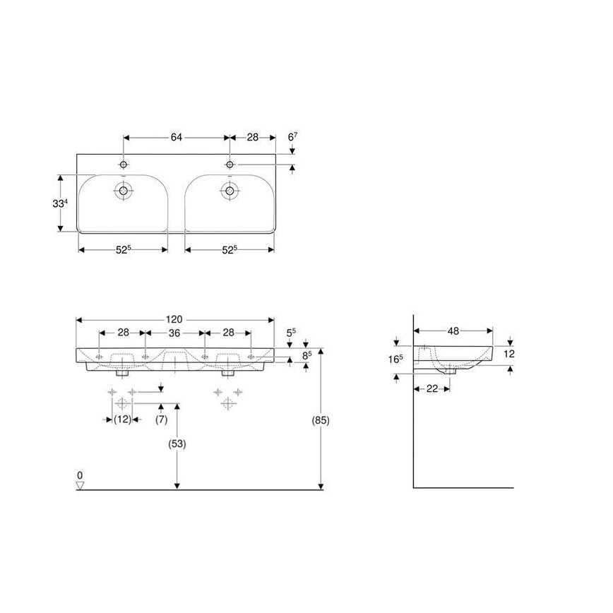 Geberit 500.223.01.1 - Piekaramā dubultā izlietne Smyle Square 120x48 cm keramika/balta