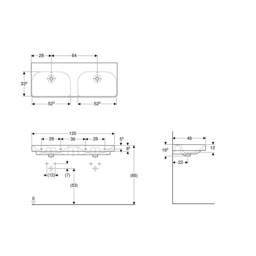 Geberit 500.224.01.1 - Piekaramā dubultā izlietne Smyle Square 120x48 cm keramika/balta