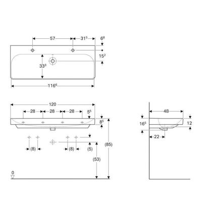 Geberit 500.253.01.1 - Sienas stiprināma dubultā izlietne Smyle Square 120x48 cm keramika/balta