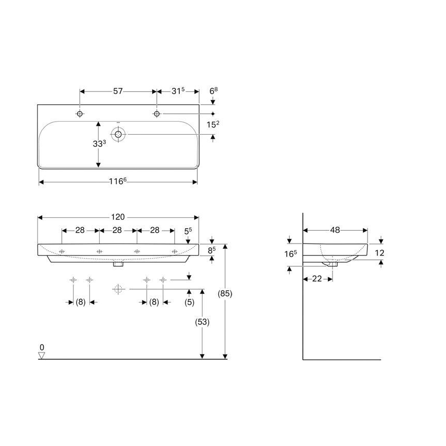 Geberit 500.253.01.1 - Sienas stiprināma dubultā izlietne Smyle Square 120x48 cm keramika/balta