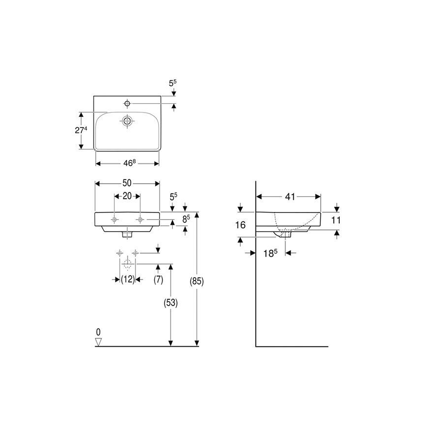 Geberit 500.256.01.1 - Sienas piestiprināma izlietne Smyle Square 50x41 cm keramika/balta