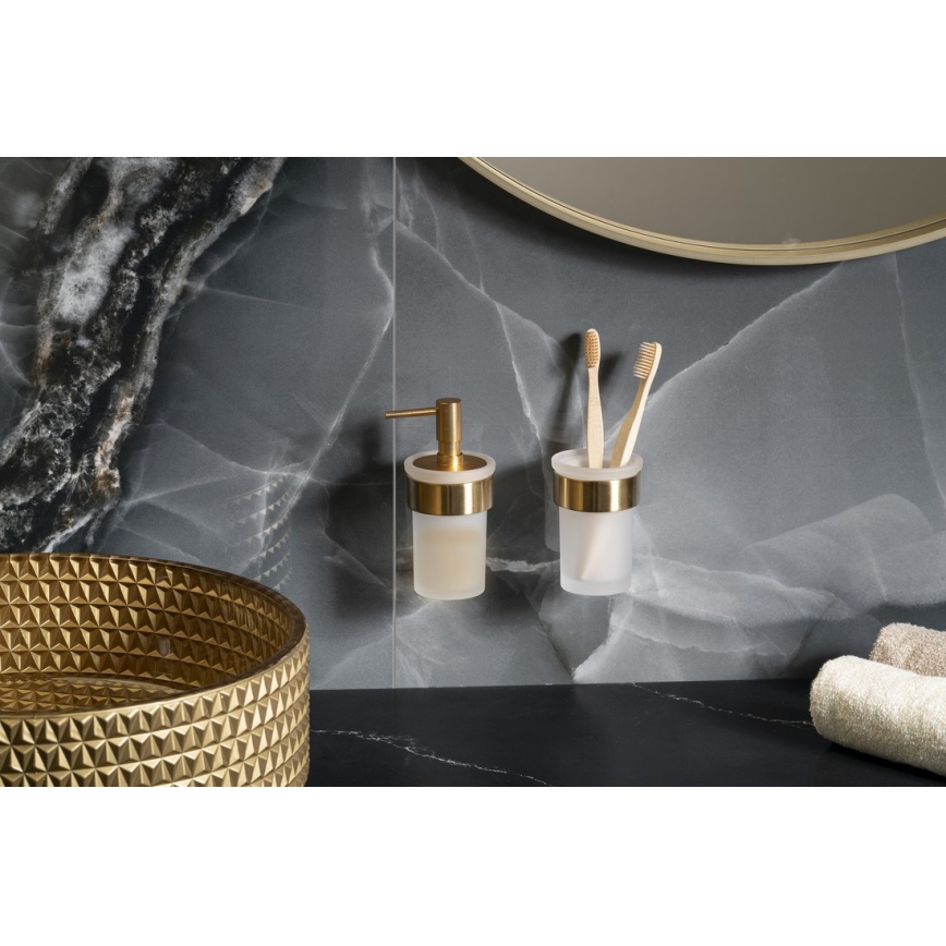 Gedy - Sienas uzstādāms ziepju dozators PIRENEI 110 ml opāls stikls/matēta zelta