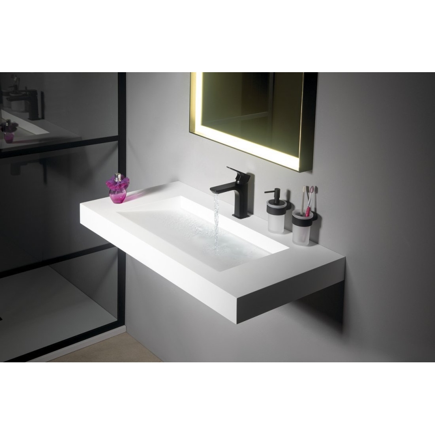 Gedy - Sienas uzstādāms ziepju dozators PIRENEI, 110 ml, piena krāsas stikls/matēta melna