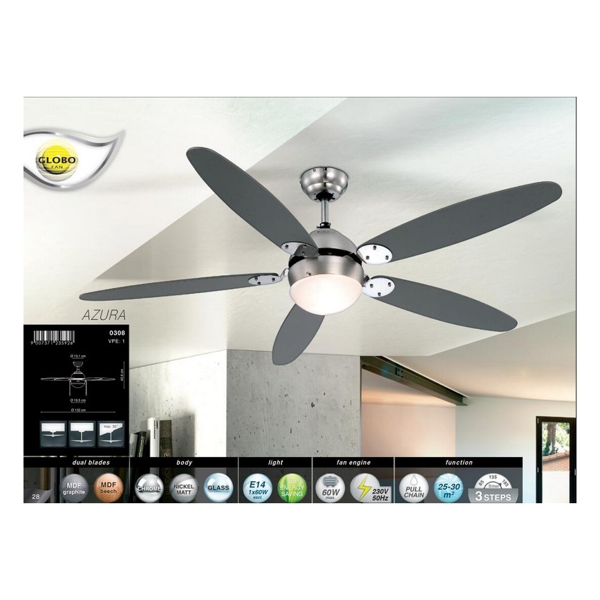 Globo 0308 - Griestu ventilators AZURA 1xE14/60W/230V