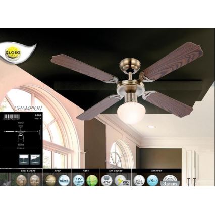 Globo 0309 - Griestu ventilators CHAMPION 1xE27/60W/230V