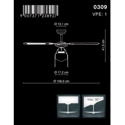 Globo 0309 - Griestu ventilators CHAMPION 1xE27/60W/230V