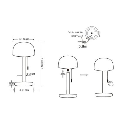 Globo - LED Uzlādējama galda lampa LED/1,5W/3,7V 3000/4200/6000K 1800mAh melna