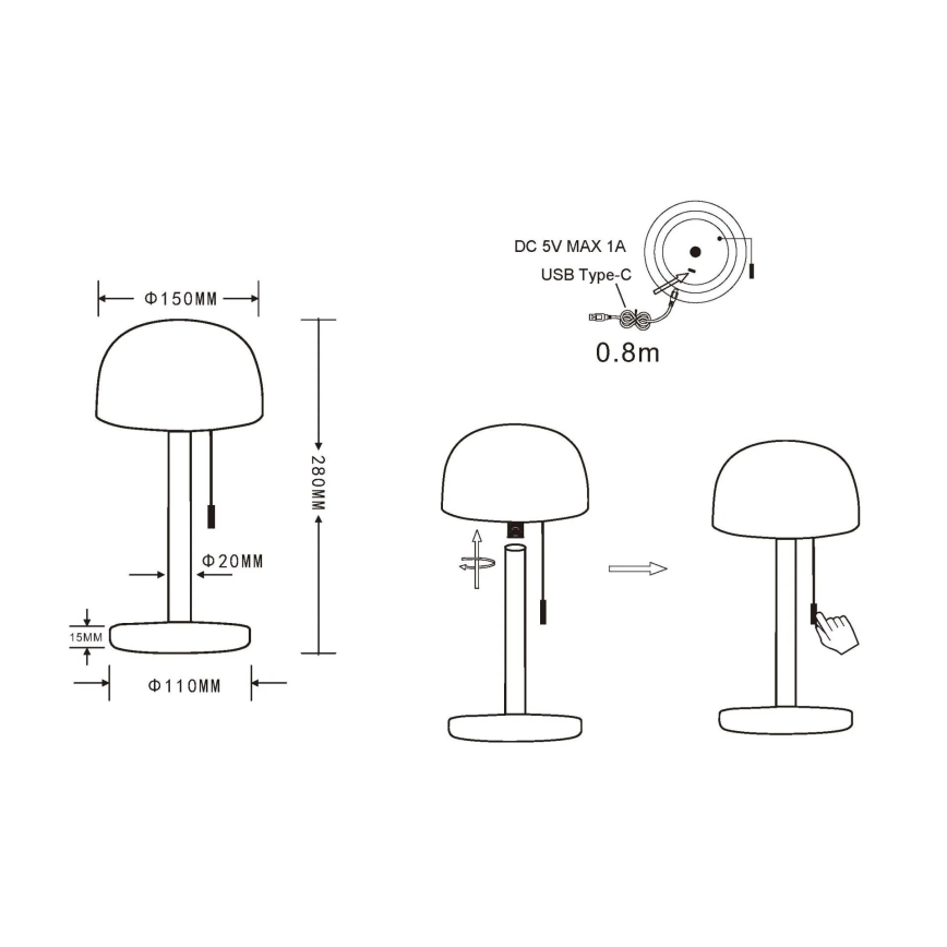 Globo - LED Uzlādējama galda lampa LED/1,5W/3,7V 3000/4200/6000K 1800mAh melna