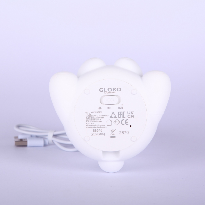 Globo - LED RGBW, ar regulējamu spilgtumu, uzlādējama bērnu naktslampiņa, LED/1W/5V, 1200 mAh, lācis