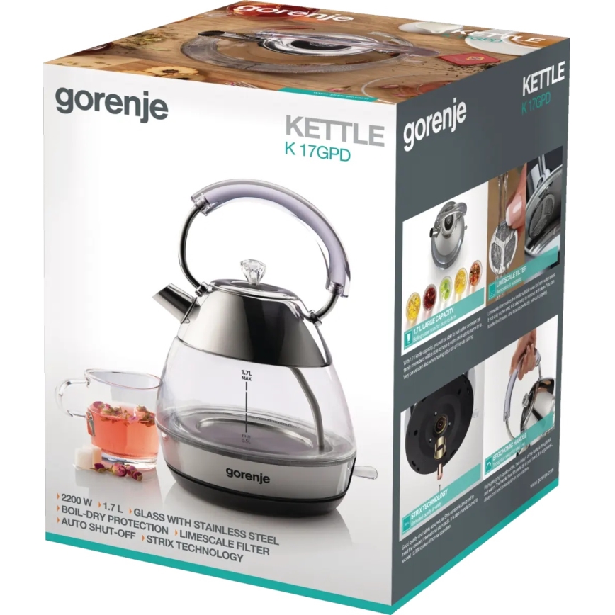 GORENJE K17GPD - Ātrā elektriskā tējkanna 1,7 l 2200 W/230 V caurspīdīga/nerūsējošā
