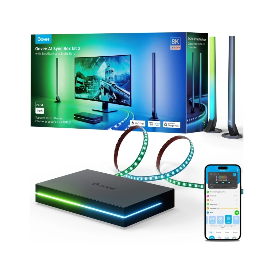 Govee - AI Sync Box Kit 2 viedais datora apgaismojuma komplekts 27-34 + LED paneļi Wi-Fi