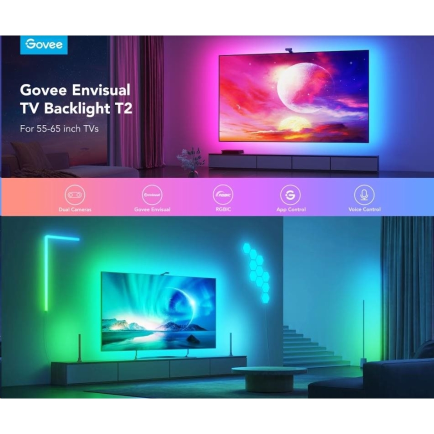 Govee - DreamView T2 DUAL TV 55-65" SMART LED aizmugurējais apgaismojums RGBIC Wi-Fi + tālvadības pults