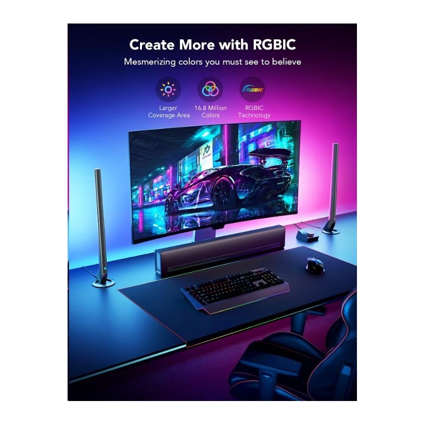 Govee - Komplekts 2x Smart Gaming Wi‑Fi LED RGBIC paneļi + Smart Dual melns + tālvadības pults