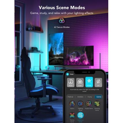 Govee - Komplekts 2x Smart Gaming Wi‑Fi LED RGBIC paneļi + Smart Dual melns + tālvadības pults