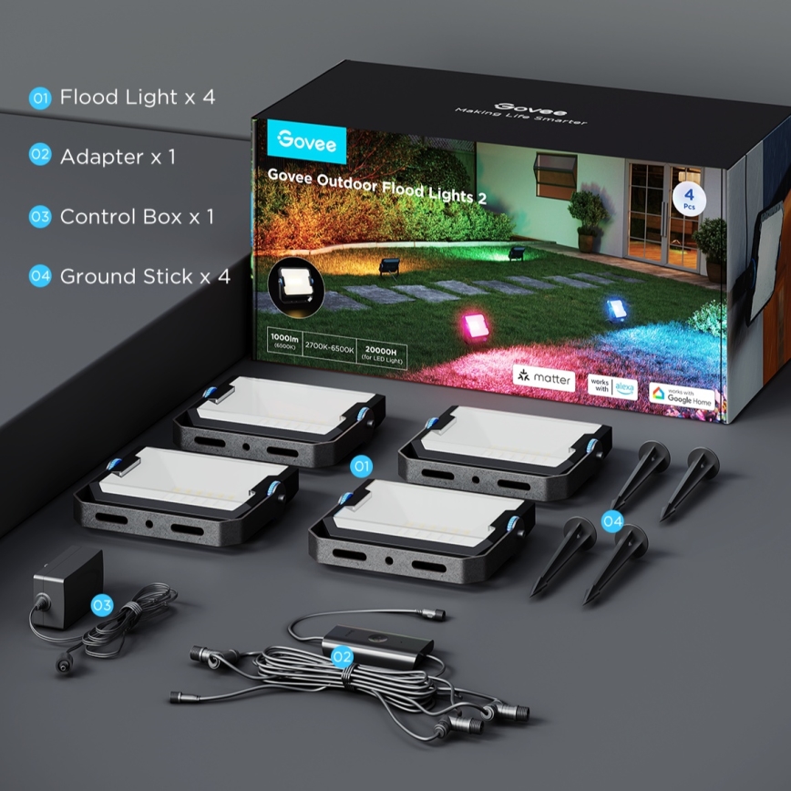 Govee - Komplekts 4x RGBICWW aptumšojami LED prožektori/24W/230V IP66 matēti Wi-Fi