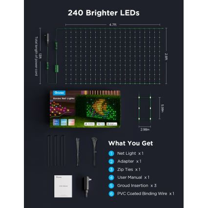 Govee - LED RGBIC Āra apgaismojuma tīkls 143x85cm Wi-Fi Matter IP65