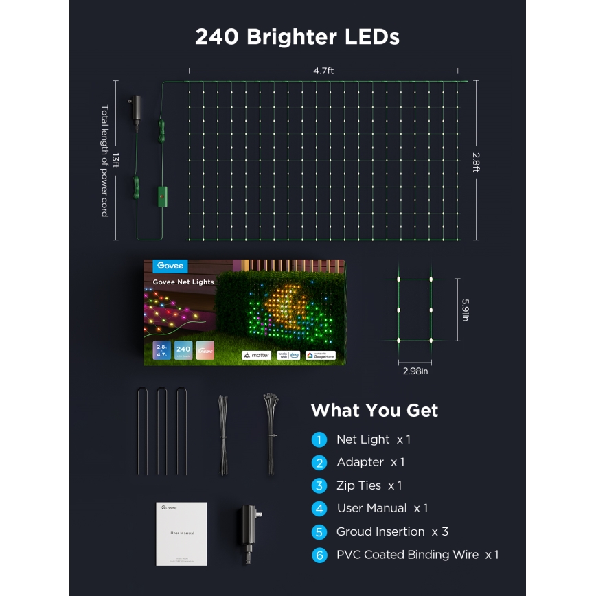 Govee - LED RGBIC Āra apgaismojuma tīkls 143x85cm Wi-Fi Matter IP65