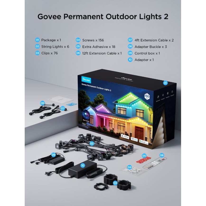 Govee - LED RGBIC virtene ar lejupgaismekļiem 30m Wi-Fi Matter IP67