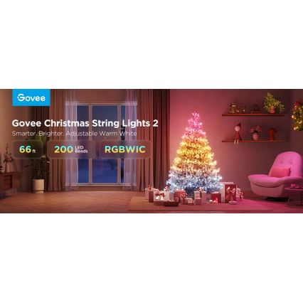 Govee - LED RGBICW Āra Ziemassvētku virtene 2700-6500K 20m Wi-Fi Matter IP66