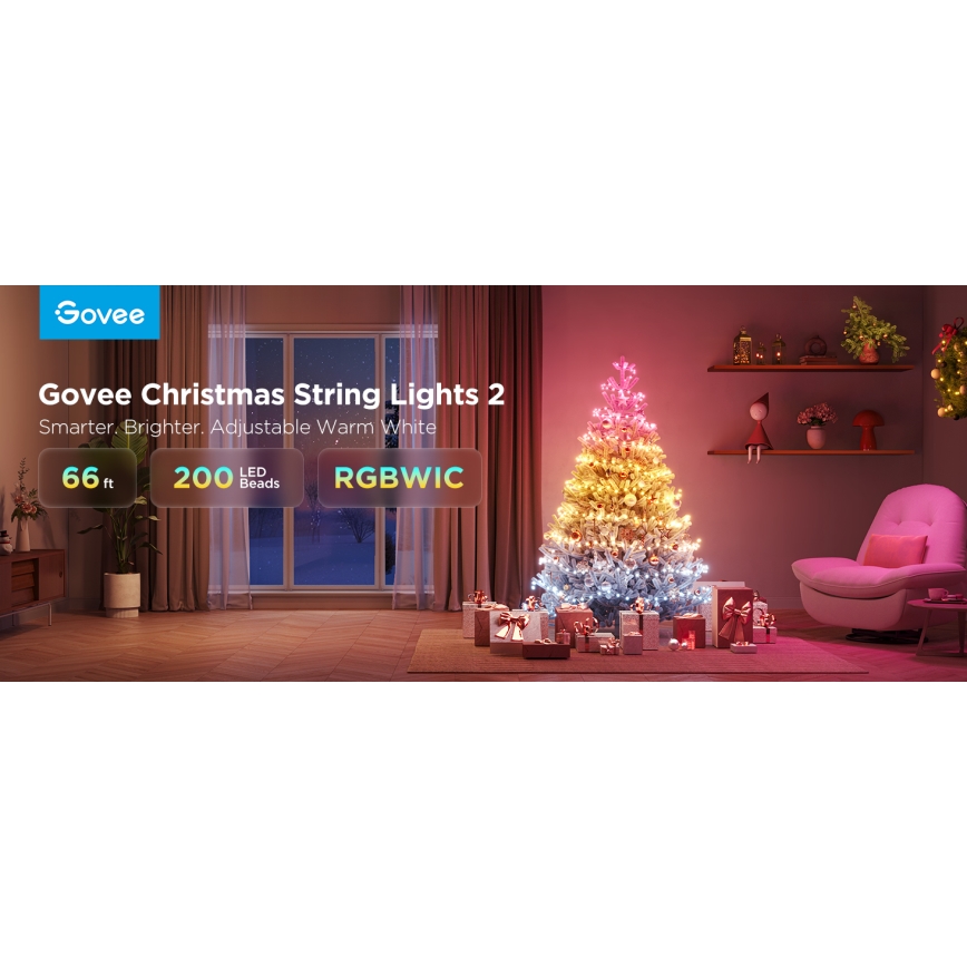 Govee - LED RGBICW Āra Ziemassvētku virtene 2700-6500K 20m Wi-Fi Matter IP66