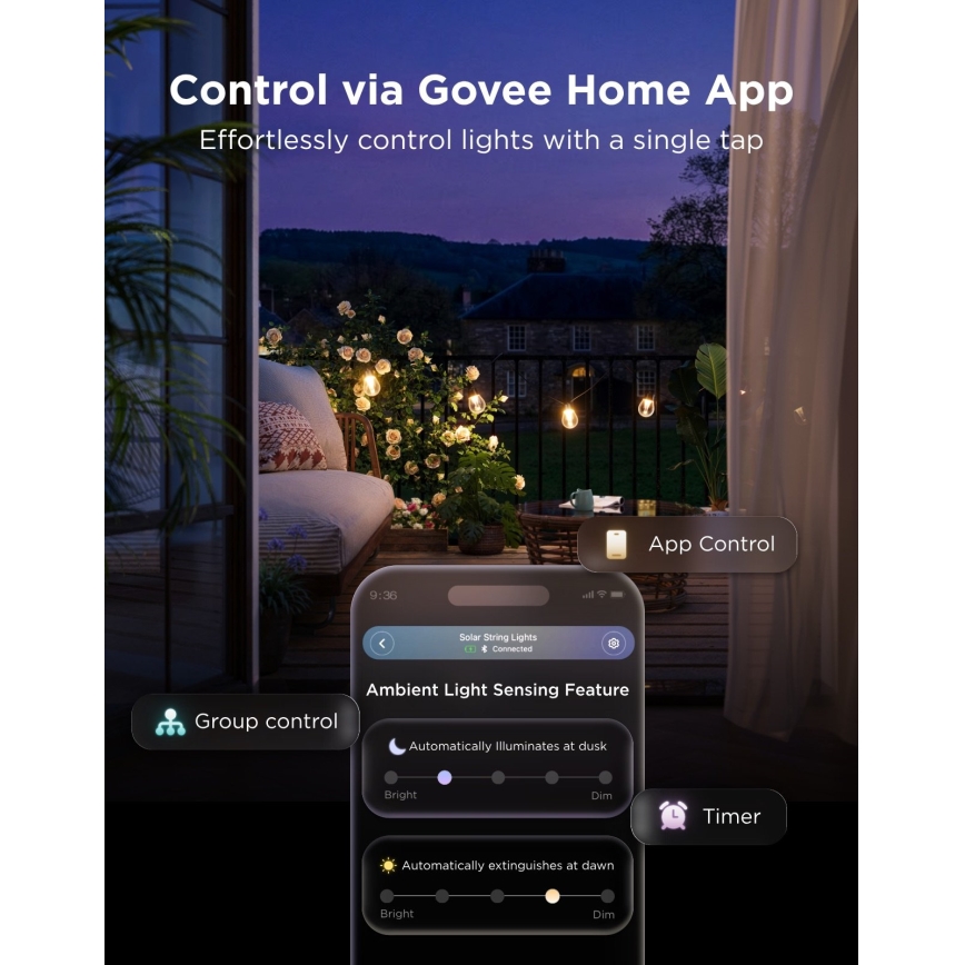 Govee - LED RGBICW Saules virtene 8xLED/6W/5V Wi-Fi Matter IP67