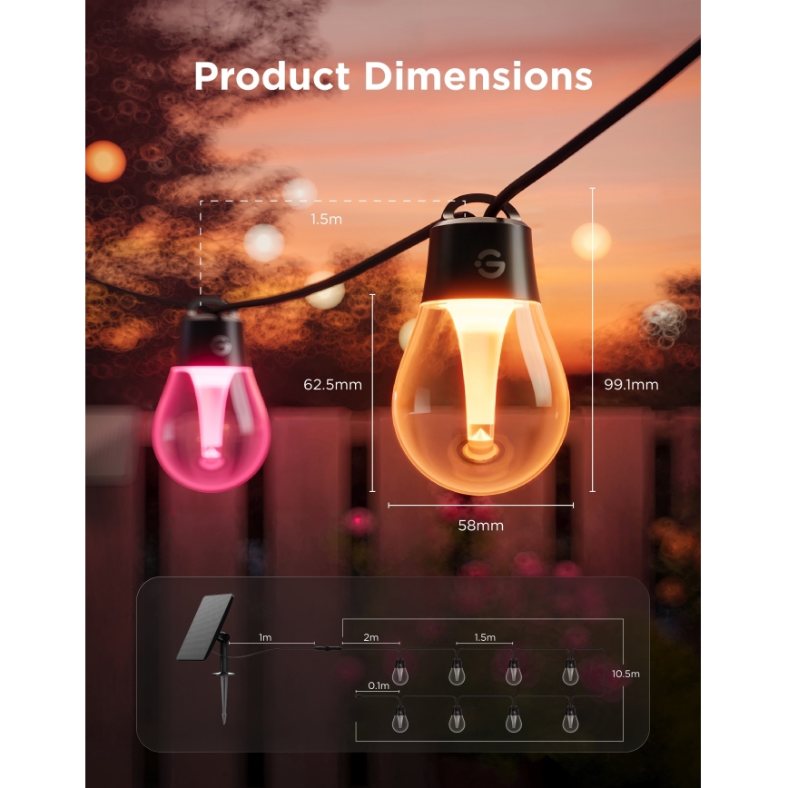Govee - LED RGBICW Saules virtene 8xLED/6W/5V Wi-Fi Matter IP67