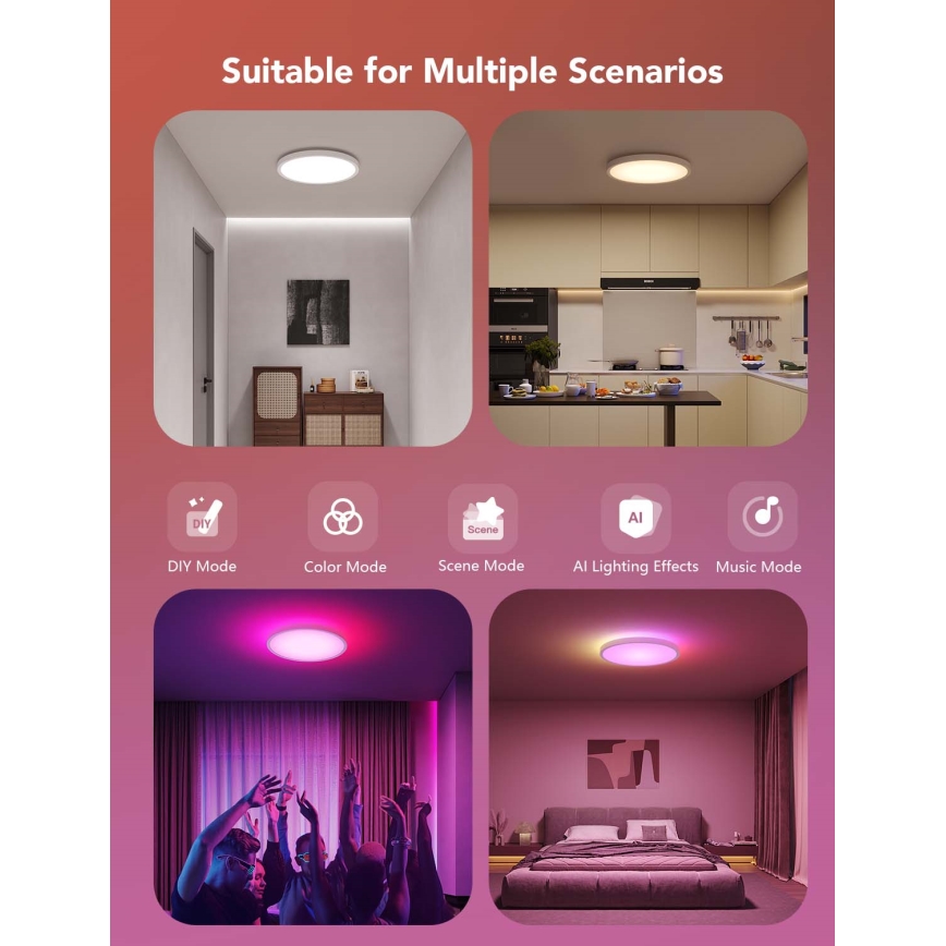 Govee - LED RGBICWW aptumšojams griestu gaismeklis, LED 29 W, 230 V, Ø 30 cm, Matter, Wi‑Fi