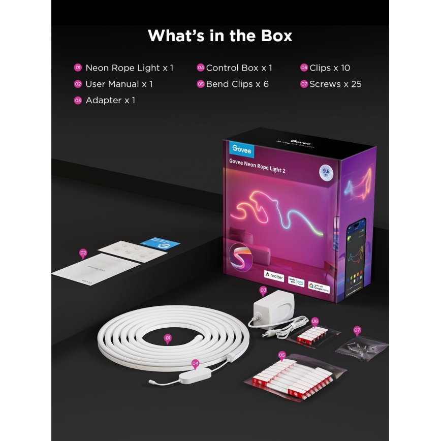 Govee - Neon 2 MATTER elastīga LED lente 3m RGBIC Wi-Fi