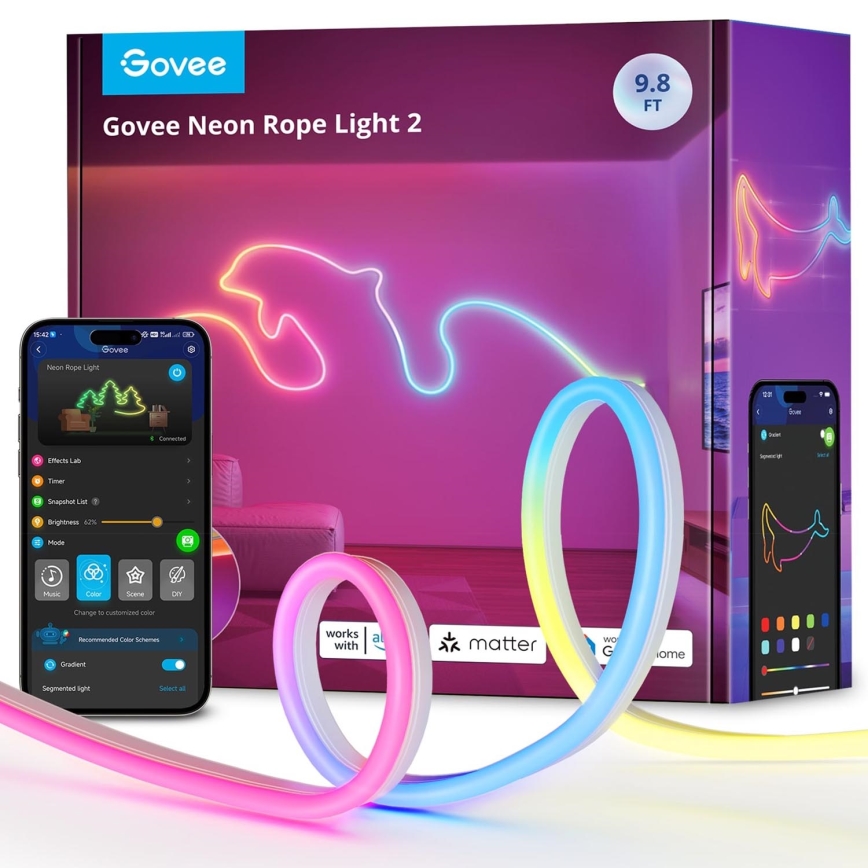 Govee - Neon 2 MATTER salokāma LED josla 3m RGBIC Wi-Fi IP67