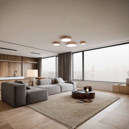 Griestu gaismeklis ar kustības un krēslas sensoru CLEO 6xE27/24W/230V Ø 80 cm, ozola