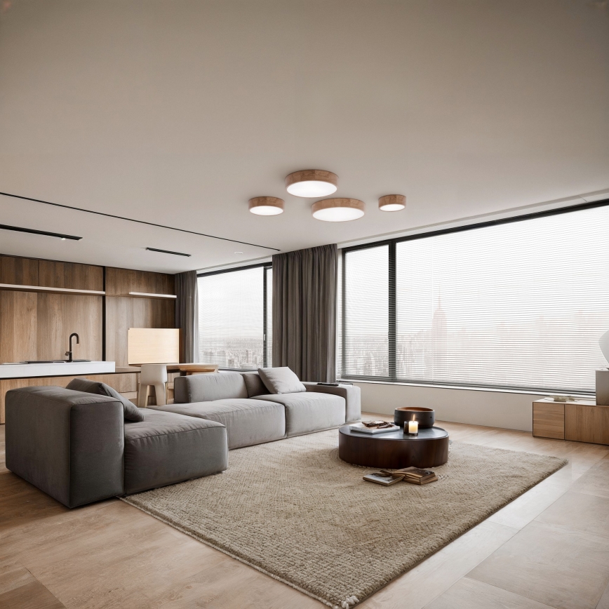 Griestu gaismeklis ar kustības un krēslas sensoru CLEO 6xE27/24W/230V Ø 80 cm, ozola