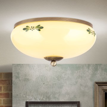Griestu gaismeklis LANDHAUS 2xE27/60W/230V diametrs 28 cm bronza/bēšs/zaļš
