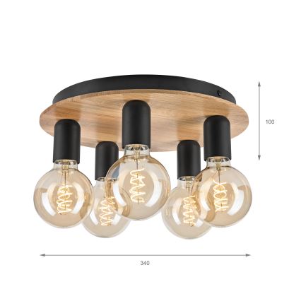 Griestu lampa DUSTY 5xE27/15W/230V d. 34 cm ozols/melna