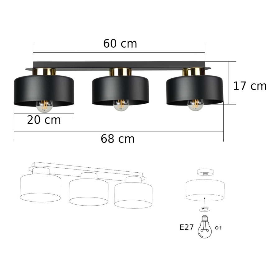 Griestu lampa IGNIA 3xE27/60W/230V melna