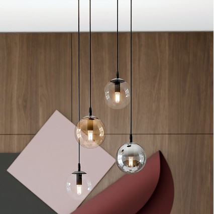 Pakaramais gaismeklis uz vada COSMO 4xE14/10W/230V Ø 40 cm melns/caurspīdīgs/dūmotais melns/bēšs