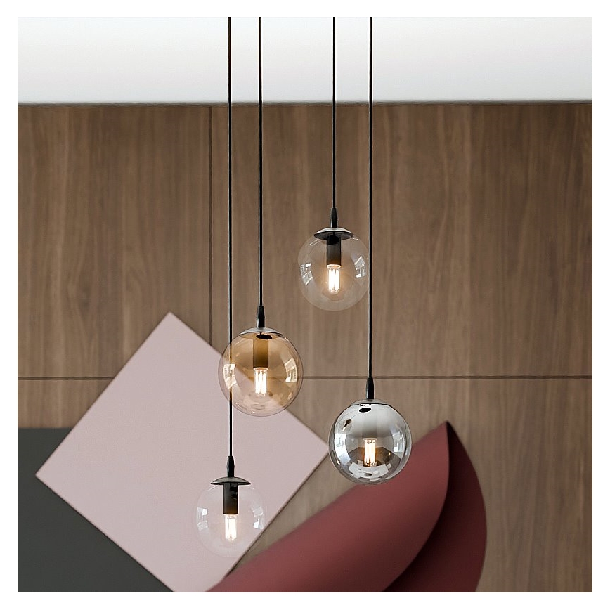Pakaramais gaismeklis uz vada COSMO 4xE14/10W/230V Ø 40 cm melns/caurspīdīgs/dūmotais melns/bēšs
