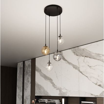 Pakaramais gaismeklis uz vada COSMO 4xE14/10W/230V Ø 40 cm melns/caurspīdīgs/dūmotais melns/bēšs