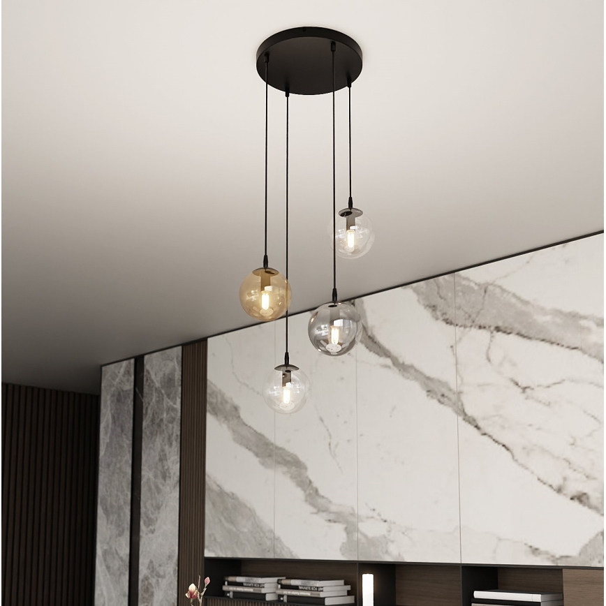 Pakaramais gaismeklis uz vada COSMO 4xE14/10W/230V Ø 40 cm melns/caurspīdīgs/dūmotais melns/bēšs