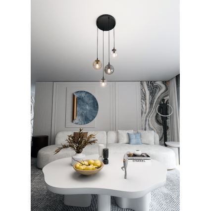 Pakaramais gaismeklis uz vada COSMO 4xE14/10W/230V Ø 40 cm melns/caurspīdīgs/dūmotais melns/bēšs