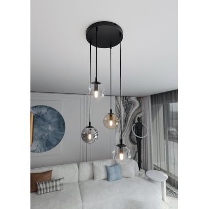 Pakaramais gaismeklis uz vada COSMO 4xE14/10W/230V Ø 40 cm melns/caurspīdīgs/dūmotais melns/bēšs