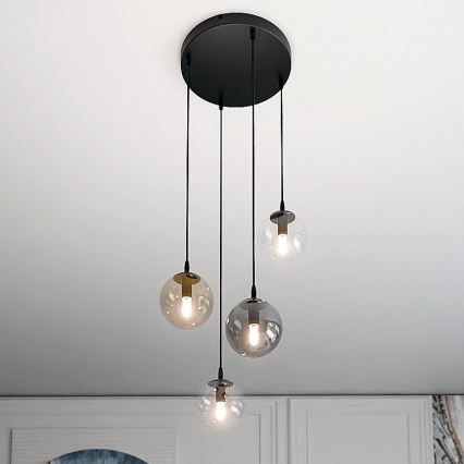 Pakaramais gaismeklis uz vada COSMO 4xE14/10W/230V Ø 40 cm melns/caurspīdīgs/dūmotais melns/bēšs