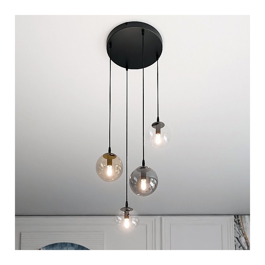 Pakaramais gaismeklis uz vada COSMO 4xE14/10W/230V Ø 40 cm melns/caurspīdīgs/dūmotais melns/bēšs