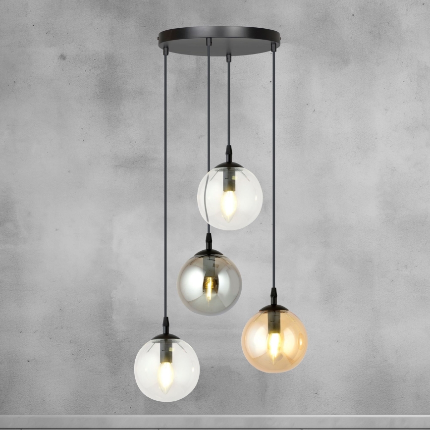Pakaramais gaismeklis uz vada COSMO 4xE14/10W/230V Ø 40 cm melns/caurspīdīgs/dūmotais melns/bēšs